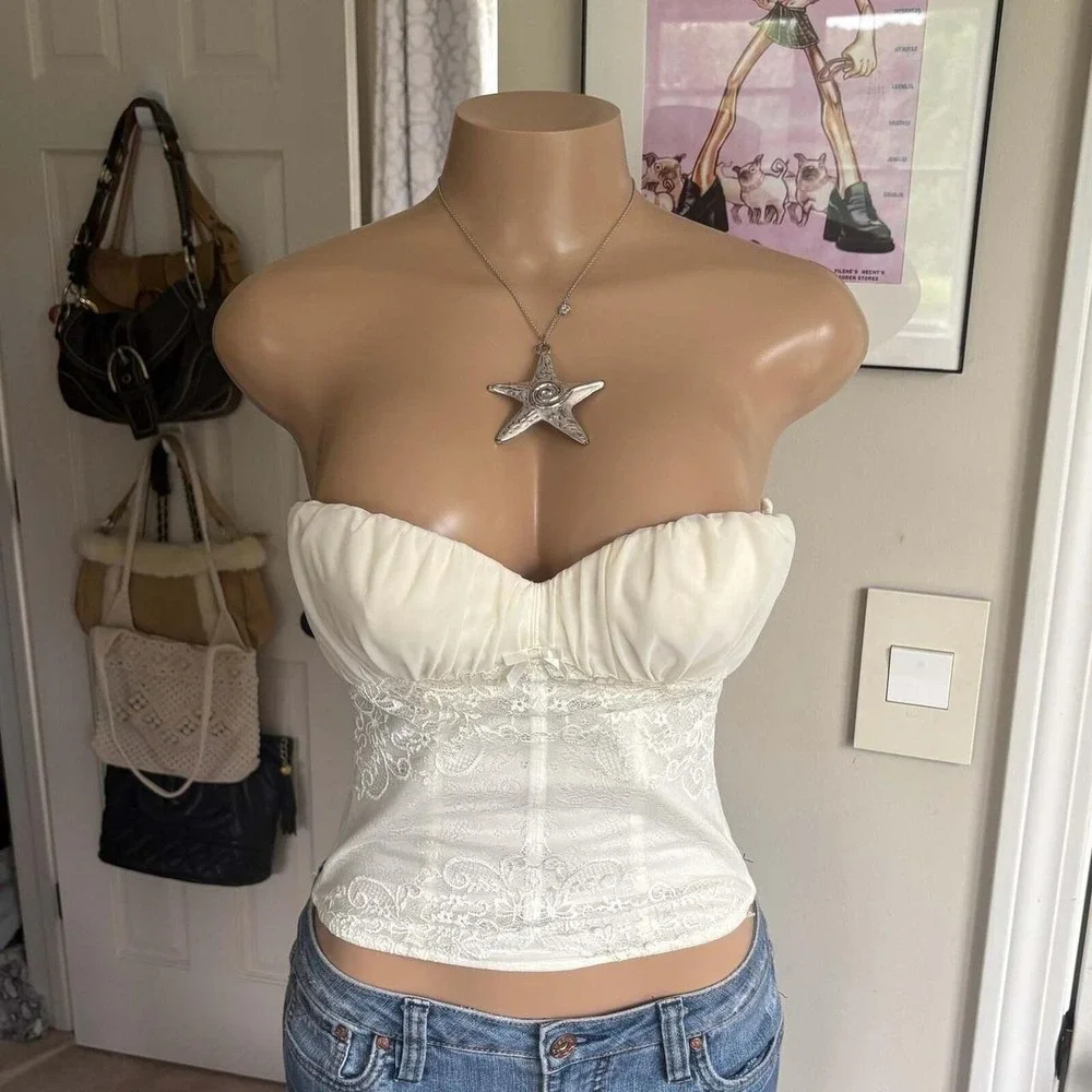 00s white floral bow corset top (size 34C)